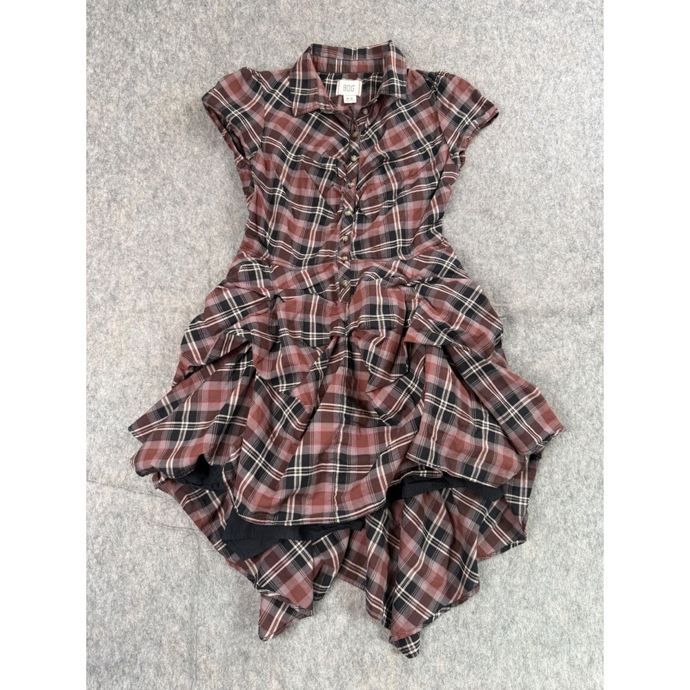 BDG Plaid Shirt Dress Womens Medium Brown Cotton Bubble Hem Y2K Grunge Festival